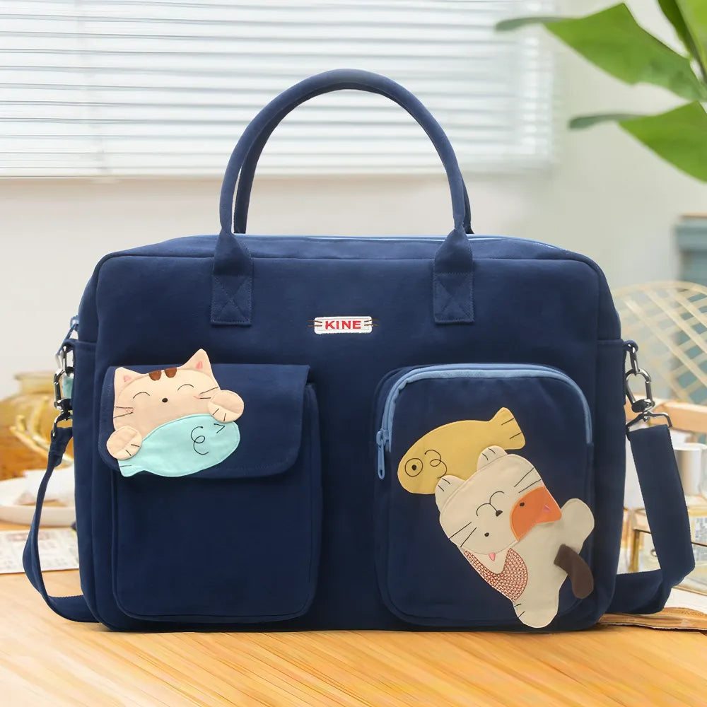 Cute Minimalist Deep Blue Cotton Kawaii Crossbody and Tote Bag Perfect for Casual and Laptop Use Fish-Catching Cat Theme Cute Minimalist Deep Blue Cotton Kawaii Crossbody and Tote Bag Perfect for Casual and Laptop Use Fish-Catching Cat Theme