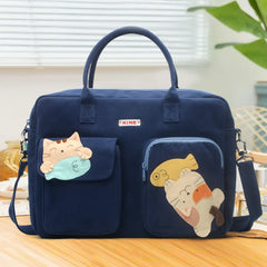 Cute Minimalist Deep Blue Cotton Kawaii Crossbody and Tote Bag Perfect for Casual and Laptop Use Fish-Catching Cat Theme