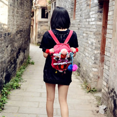 Cute Oriental Lion Dance Canvas Kawaii Backpack Handmade Stylish and Casual Daypack in Rose Red