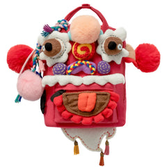Cute Oriental Lion Dance Canvas Kawaii Backpack Handmade Stylish and Casual Daypack in Rose Red
