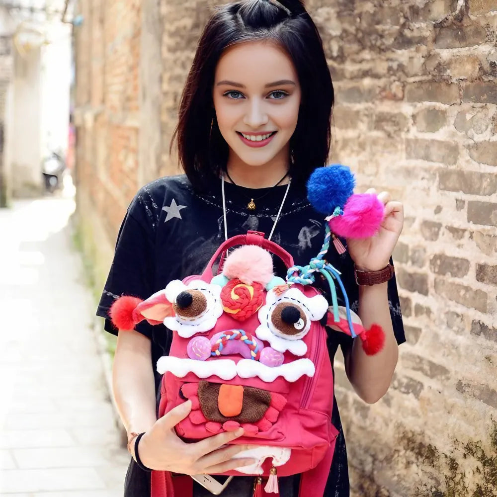 Cute Oriental Lion Dance Canvas Kawaii Backpack Handmade Stylish and Casual Daypack in Rose Red Cute Oriental Lion Dance Canvas Kawaii Backpack Handmade Stylish and Casual Daypack in Rose Red