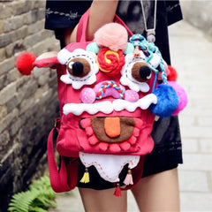 Cute Oriental Lion Dance Canvas Kawaii Backpack Handmade Stylish and Casual Daypack in Rose Red