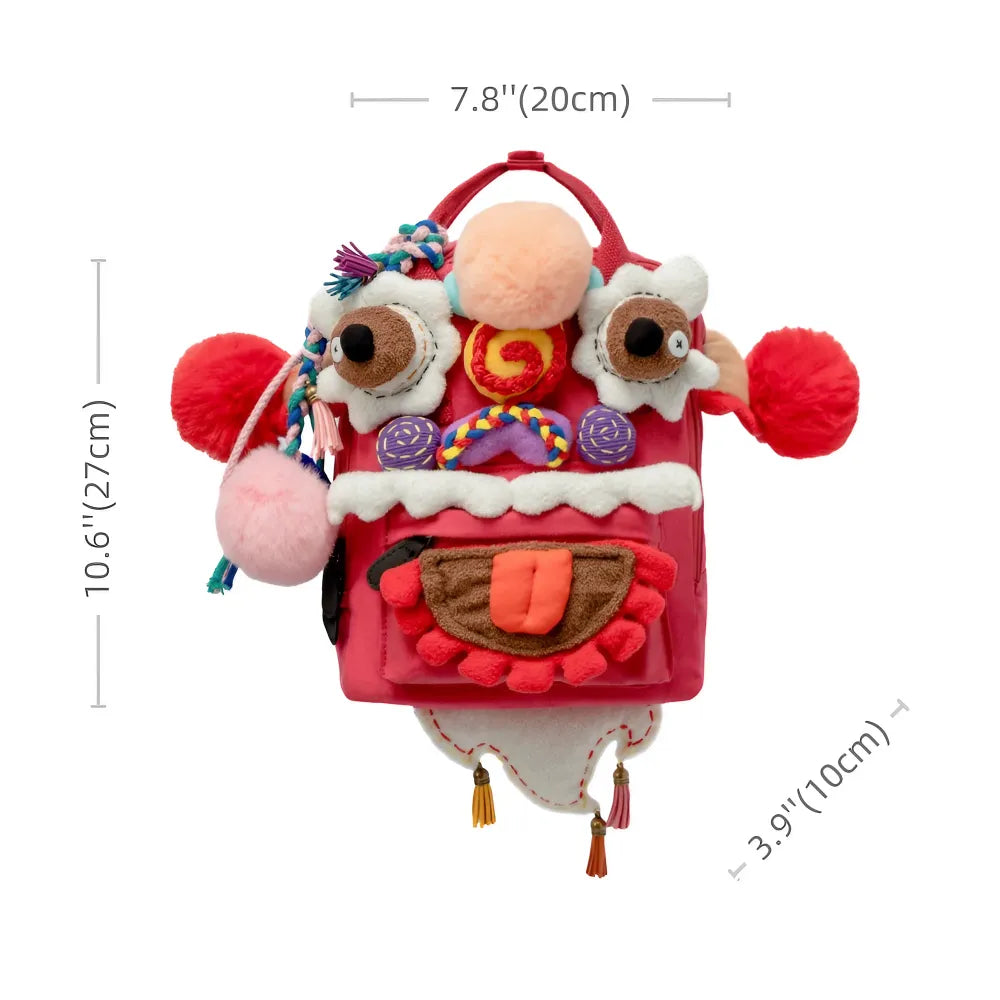 Cute Oriental Lion Dance Canvas Kawaii Backpack Handmade Stylish and Casual Daypack in Rose Red Cute Oriental Lion Dance Canvas Kawaii Backpack Handmade Stylish and Casual Daypack in Rose Red
