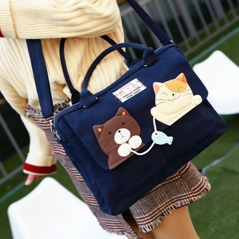 Cute Dark Blue 14-inch Canvas Cat Fish Theme Kawaii Shoulder Bag Casual Laptop Tote Cute Dark Blue 14-inch Canvas Cat Fish Theme Kawaii Shoulder Bag Casual Laptop Tote