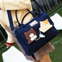 Cute Dark Blue 14-inch Canvas Cat Fish Theme Kawaii Shoulder Bag Casual Laptop Tote