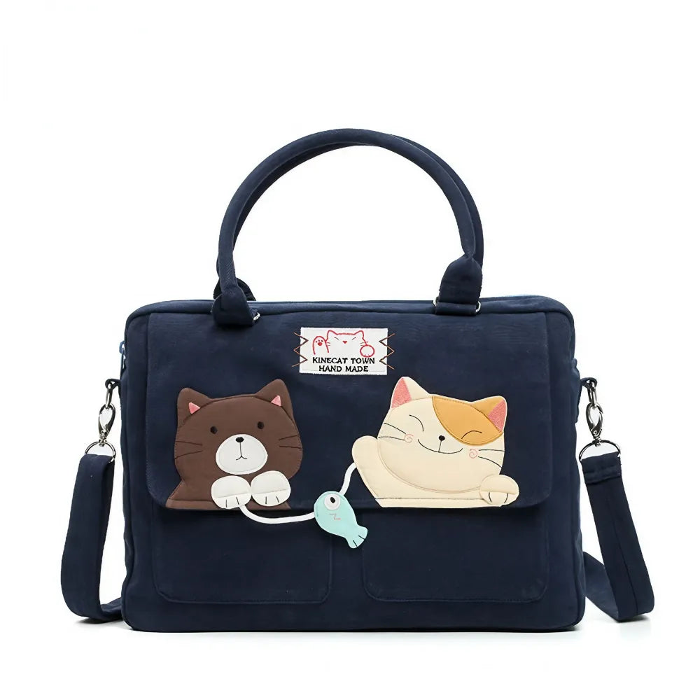 Cute Dark Blue 14-inch Canvas Cat Fish Theme Kawaii Shoulder Bag Casual Laptop Tote