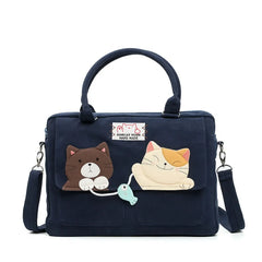 Cute Dark Blue 14-inch Canvas Cat Fish Theme Kawaii Shoulder Bag Casual Laptop Tote