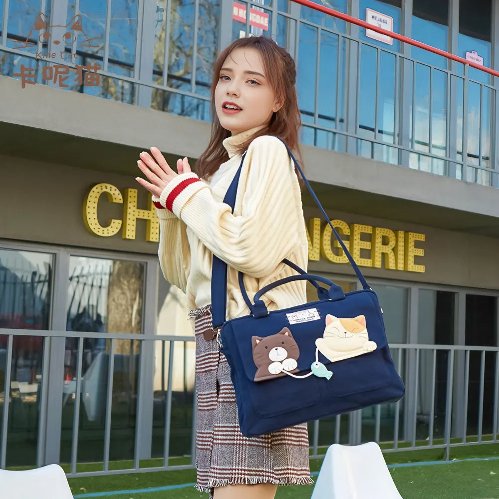 Cute Dark Blue 14-inch Canvas Cat Fish Theme Kawaii Shoulder Bag Casual Laptop Tote Cute Dark Blue 14-inch Canvas Cat Fish Theme Kawaii Shoulder Bag Casual Laptop Tote
