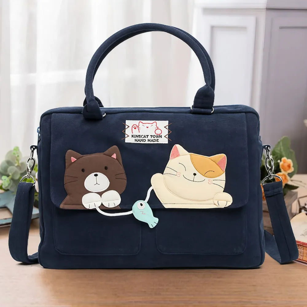 Cute Dark Blue 14-inch Canvas Cat Fish Theme Kawaii Shoulder Bag Casual Laptop Tote Cute Dark Blue 14-inch Canvas Cat Fish Theme Kawaii Shoulder Bag Casual Laptop Tote