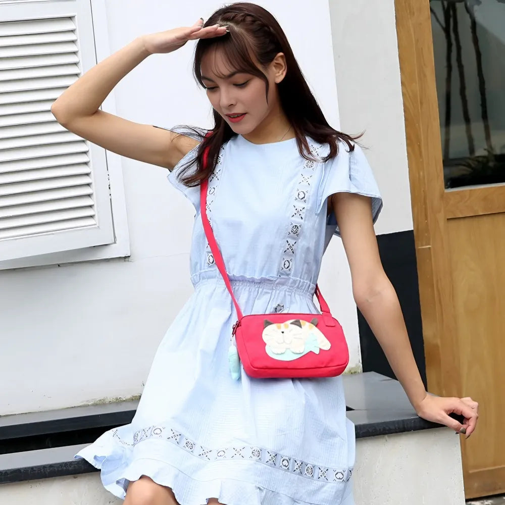 Kawaii Black Cat-themed Cotton Cute Crossbody Bag with Dual Zippers Casual and Practical Kawaii Black Cat-themed Cotton Cute Crossbody Bag with Dual Zippers Casual and Practical