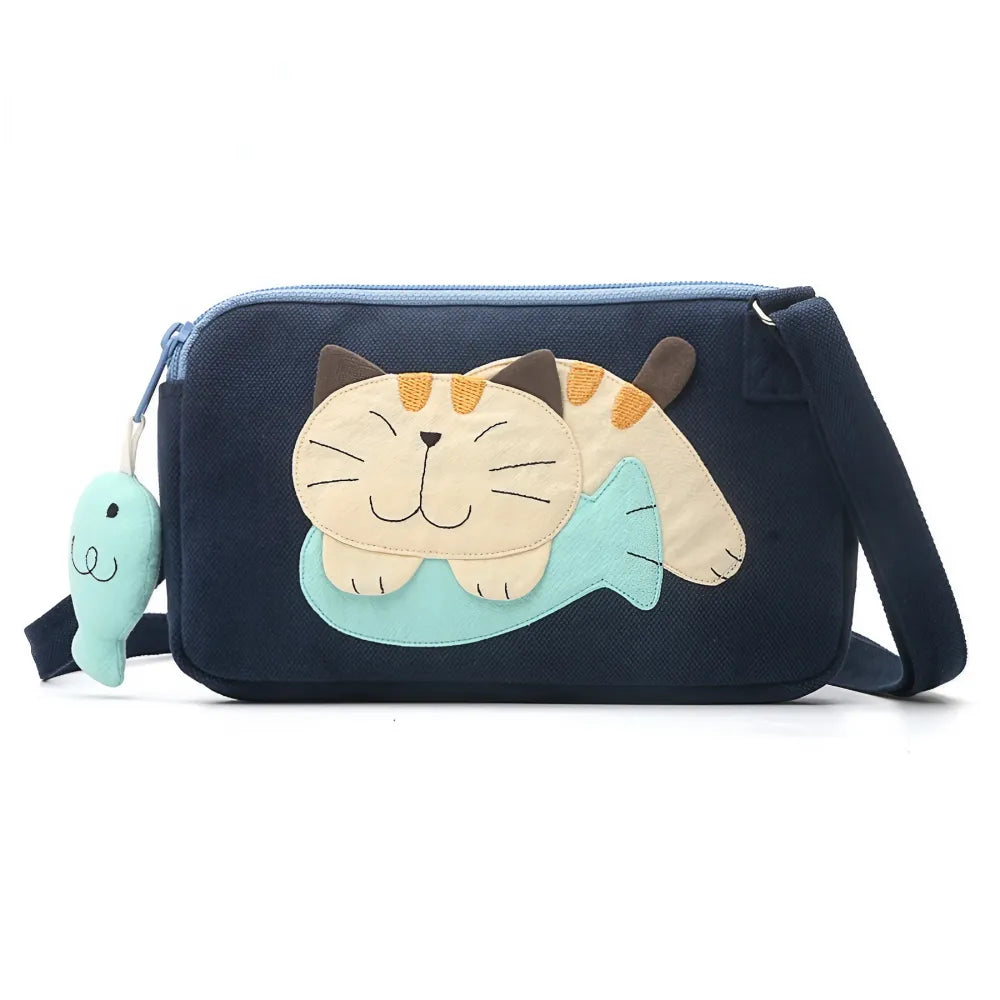 Kawaii Black Cat-themed Cotton Cute Crossbody Bag with Dual Zippers Casual and Practical Kawaii Black Cat-themed Cotton Cute Crossbody Bag with Dual Zippers Casual and Practical