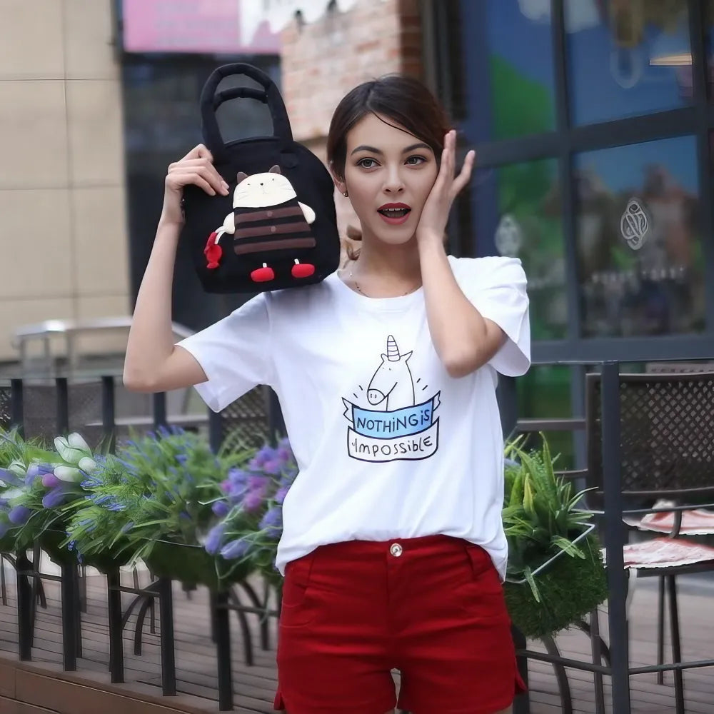 Kawaii Black Cotton Cute Handbag with Fisherman Cat Theme Lightweight and Stylish Kawaii Black Cotton Cute Handbag with Fisherman Cat Theme Lightweight and Stylish