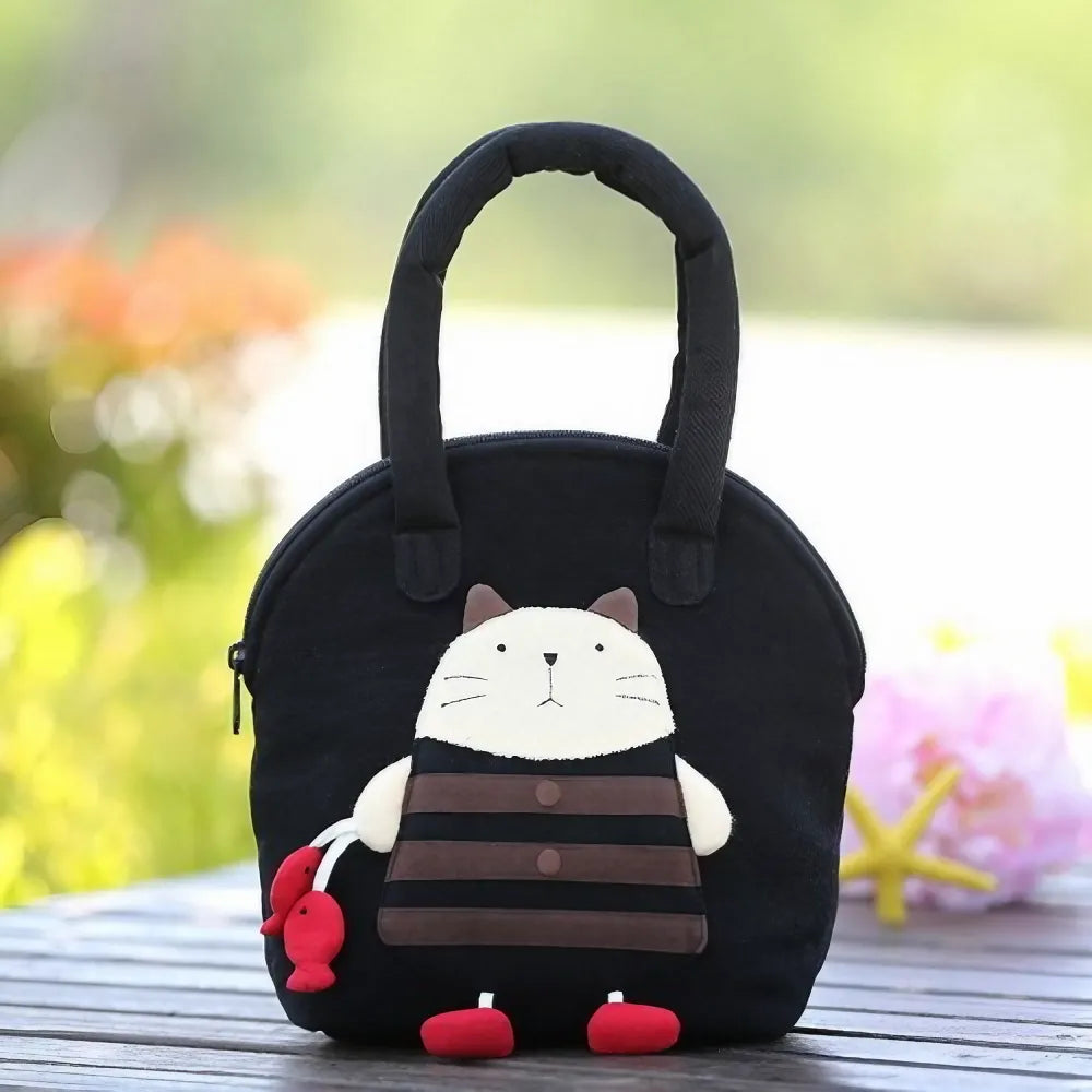 Kawaii Black Cotton Cute Handbag with Fisherman Cat Theme Lightweight and Stylish Kawaii Black Cotton Cute Handbag with Fisherman Cat Theme Lightweight and Stylish