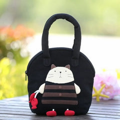 Kawaii Black Cotton Cute Handbag with Fisherman Cat Theme Lightweight and Stylish
