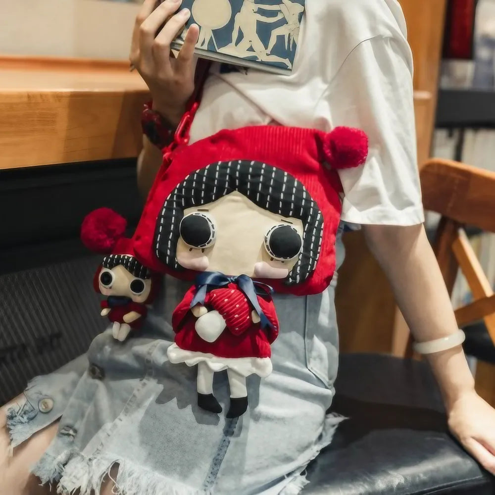 Kawaii Red Hat Doll Crossbody Bag in Corduroy Cute Casual Shoulder Bag Kawaii Red Hat Doll Crossbody Bag in Corduroy Cute Casual Shoulder Bag