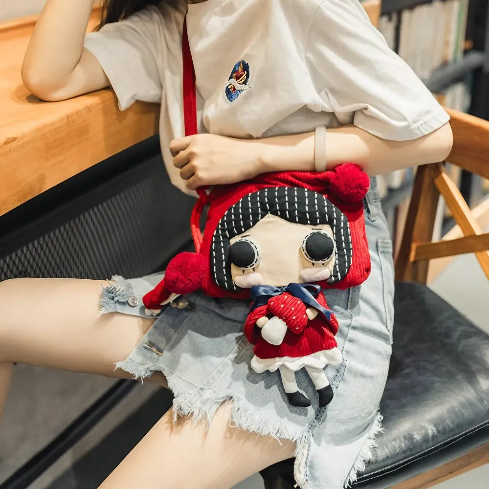 Kawaii Red Hat Doll Crossbody Bag in Corduroy Cute Casual Shoulder Bag Kawaii Red Hat Doll Crossbody Bag in Corduroy Cute Casual Shoulder Bag