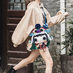 Kawaii Tiger Hat Doll Crossbody Bag Cute Oriental Doll Style Cotton Material Casual Carry-all