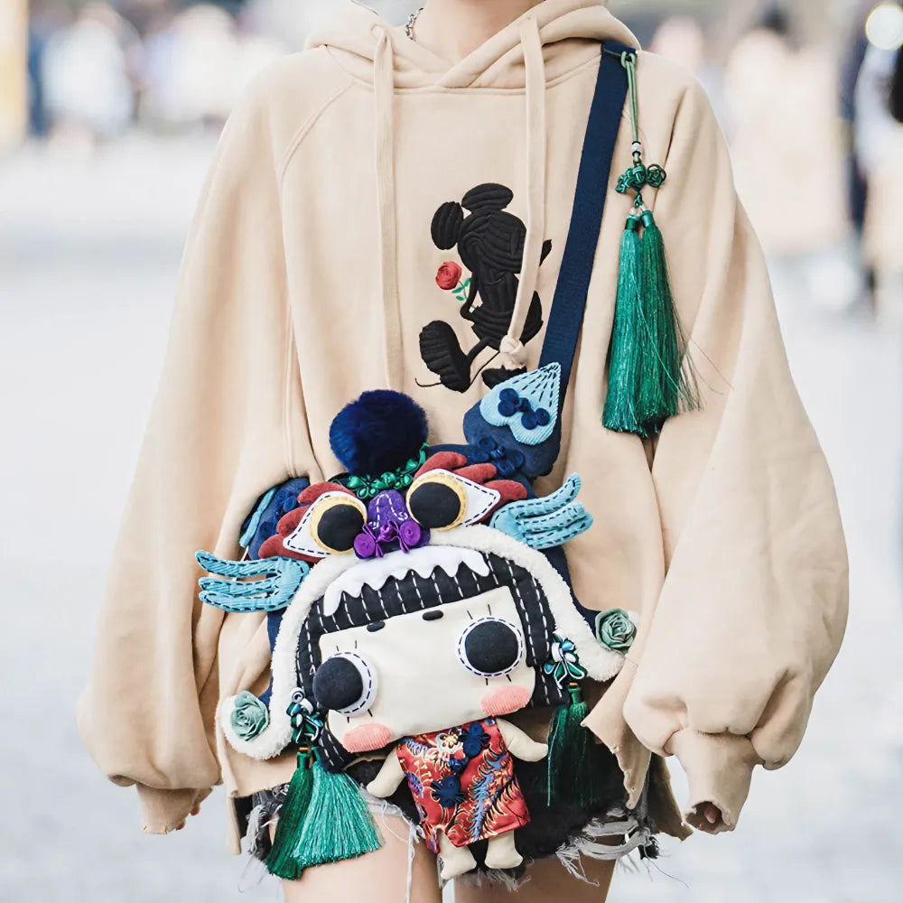 Kawaii Tiger Hat Doll Crossbody Bag Cute Oriental Doll Style Cotton Material Casual Carry-all Kawaii Tiger Hat Doll Crossbody Bag Cute Oriental Doll Style Cotton Material Casual Carry-all