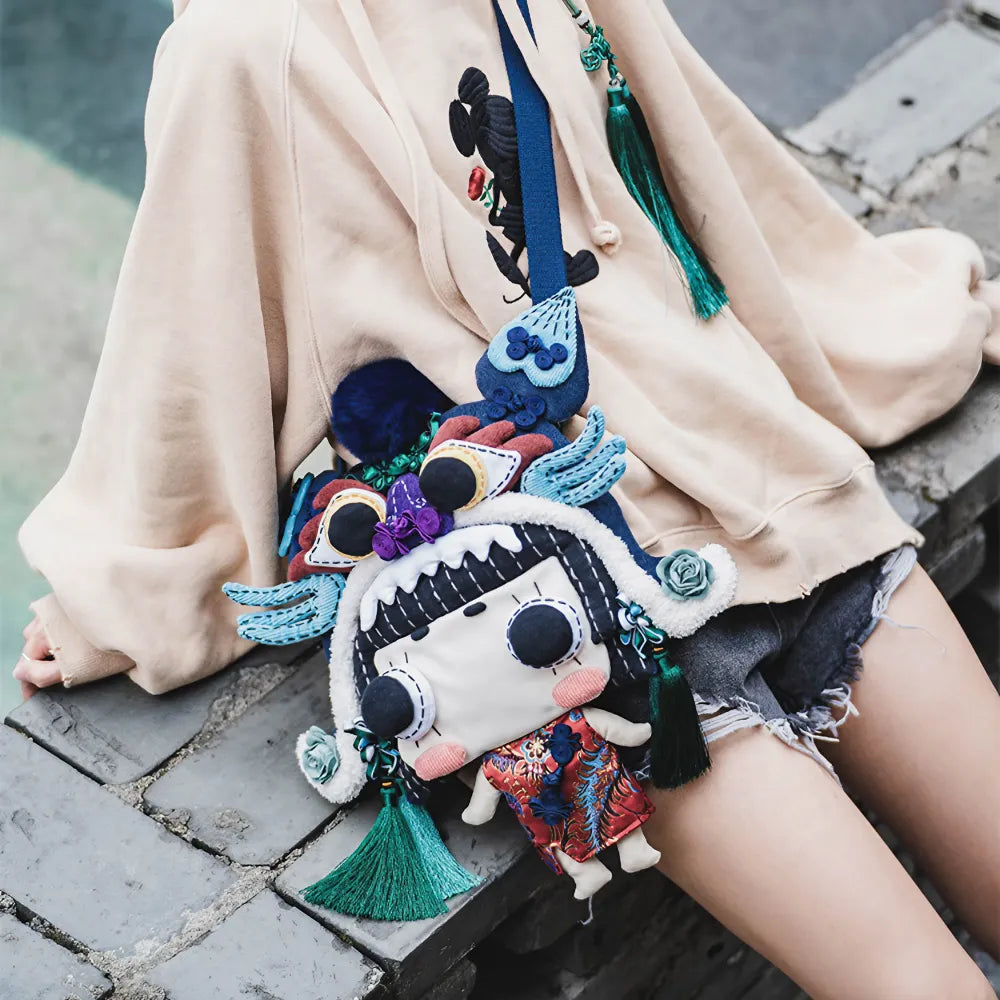 Kawaii Tiger Hat Doll Crossbody Bag Cute Oriental Doll Style Cotton Material Casual Carry-all Kawaii Tiger Hat Doll Crossbody Bag Cute Oriental Doll Style Cotton Material Casual Carry-all