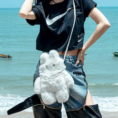 Kawaii White Cotton Crossbody Bag Casual and Cute Bunny Theme