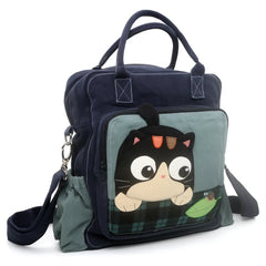 Kawaii Blue Canvas Cat Theme Shoulder Bag Cute and Simple Dual-Use Backpack