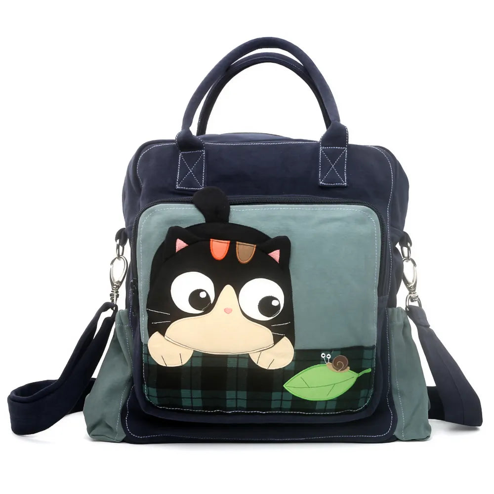 Kawaii Blue Canvas Cat Theme Shoulder Bag Cute and Simple Dual-Use Backpack