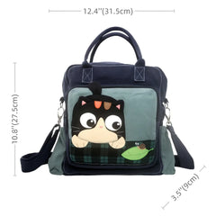 Kawaii Blue Canvas Cat Theme Shoulder Bag Cute and Simple Dual-Use Backpack
