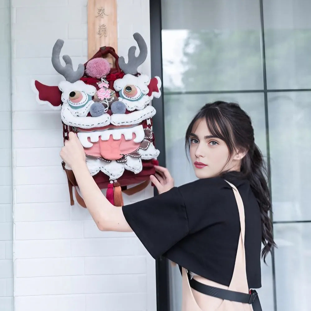 Cute and Unique Dragon Dance Kawaii Handmade Backpack in Burgundy Polyester Fiber Casual and Laptop Bag Cute and Unique Dragon Dance Kawaii Handmade Backpack in Burgundy Polyester Fiber Casual and Laptop Bag