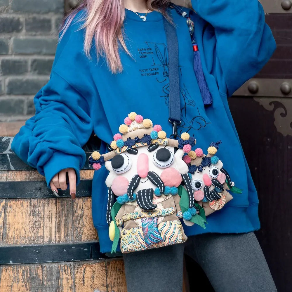 Cute and Unique God of Wealth Kawaii Shoulder Bag Cotton Material Casual and Phone Bag - Handmade Cute and Unique God of Wealth Kawaii Shoulder Bag Cotton Material Casual and Phone Bag - Handmade