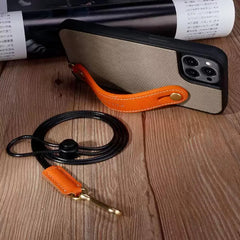 iPhone 16 Pro Max 15 14 13 Leather Case with Phone Grip and Lanyard