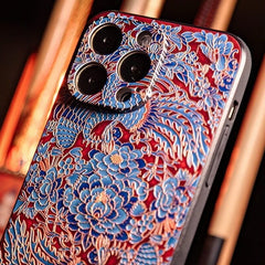 iPhone 16 Pro Max Art Case - 6.7″ Textured TPU - Phoenix Playing with Peony Design