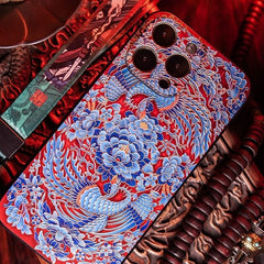 iPhone 16 Pro Max Art Case - 6.7″ Textured TPU - Phoenix Playing with Peony Design