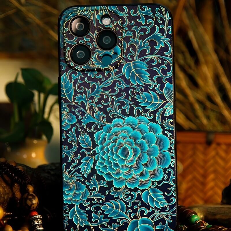 iPhone 16 Pro Max Art Case - Textured Blue TPU with Song Brocade Peony Motif