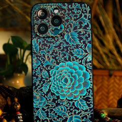 iPhone 16 Pro Max Art Case - Textured Blue TPU with Song Brocade Peony Motif