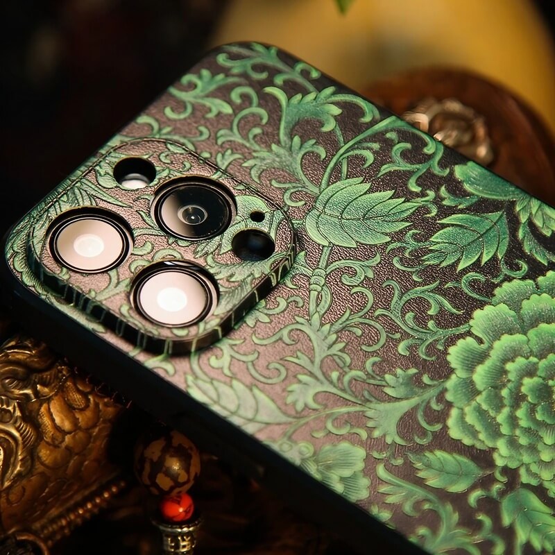 iPhone 16 Pro Max Art Case - Textured Blue TPU with Song Brocade Peony Motif iPhone 16 Pro Max Art Case - Textured Blue TPU with Song Brocade Peony Motif