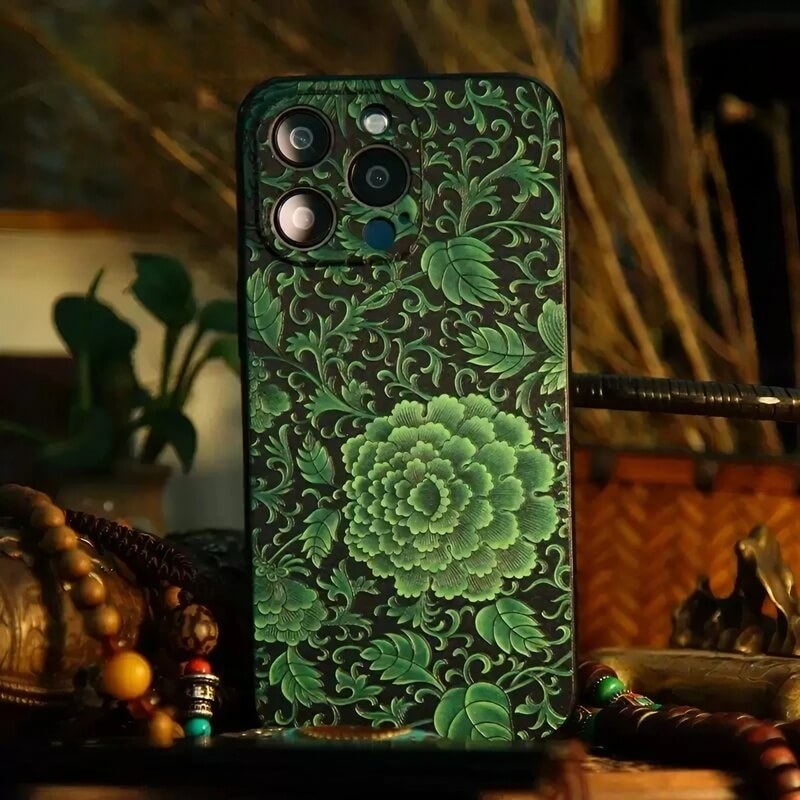 iPhone 16 Pro Max Art Case - Textured Blue TPU with Song Brocade Peony Motif iPhone 16 Pro Max Art Case - Textured Blue TPU with Song Brocade Peony Motif