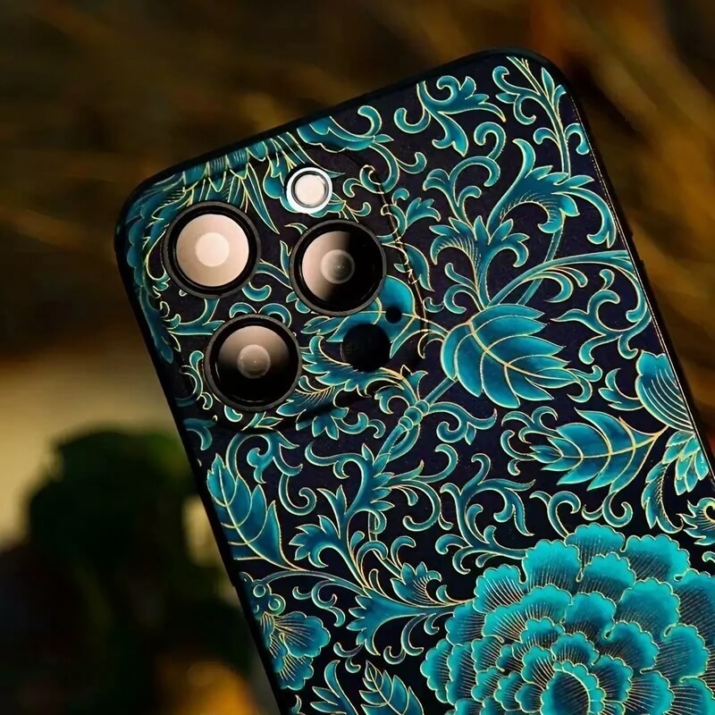 iPhone 16 Pro Max Art Case - Textured Blue TPU with Song Brocade Peony Motif iPhone 16 Pro Max Art Case - Textured Blue TPU with Song Brocade Peony Motif