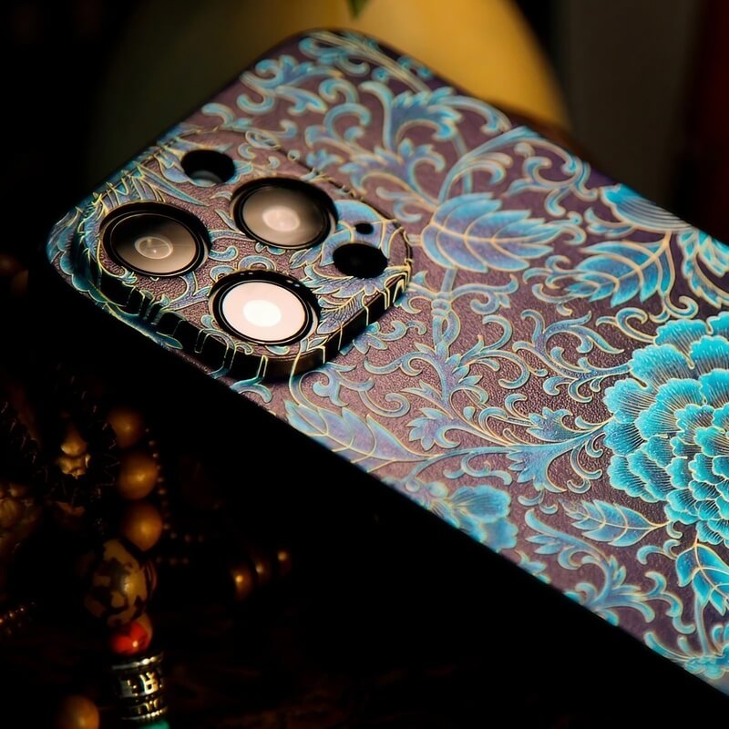 iPhone 16 Pro Max Art Case - Textured Blue TPU with Song Brocade Peony Motif iPhone 16 Pro Max Art Case - Textured Blue TPU with Song Brocade Peony Motif