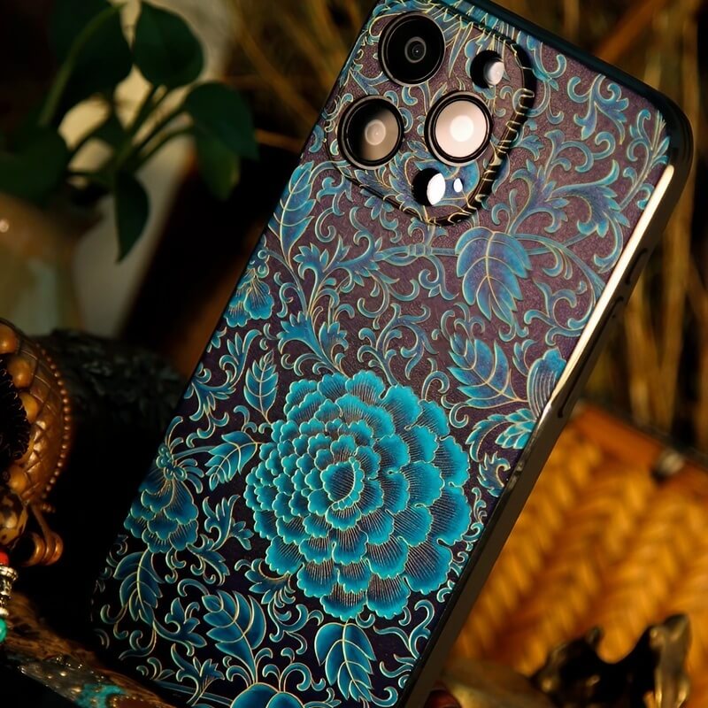 iPhone 16 Pro Max Art Case - Textured Blue TPU with Song Brocade Peony Motif iPhone 16 Pro Max Art Case - Textured Blue TPU with Song Brocade Peony Motif