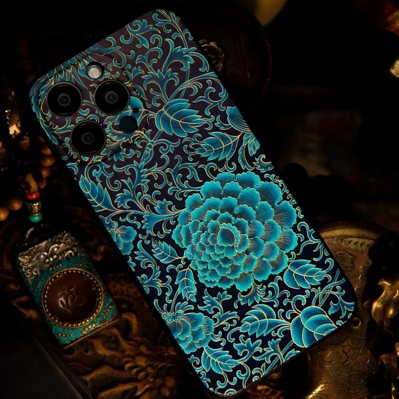 iPhone 16 Pro Max Art Case - Textured Blue TPU with Song Brocade Peony Motif iPhone 16 Pro Max Art Case - Textured Blue TPU with Song Brocade Peony Motif