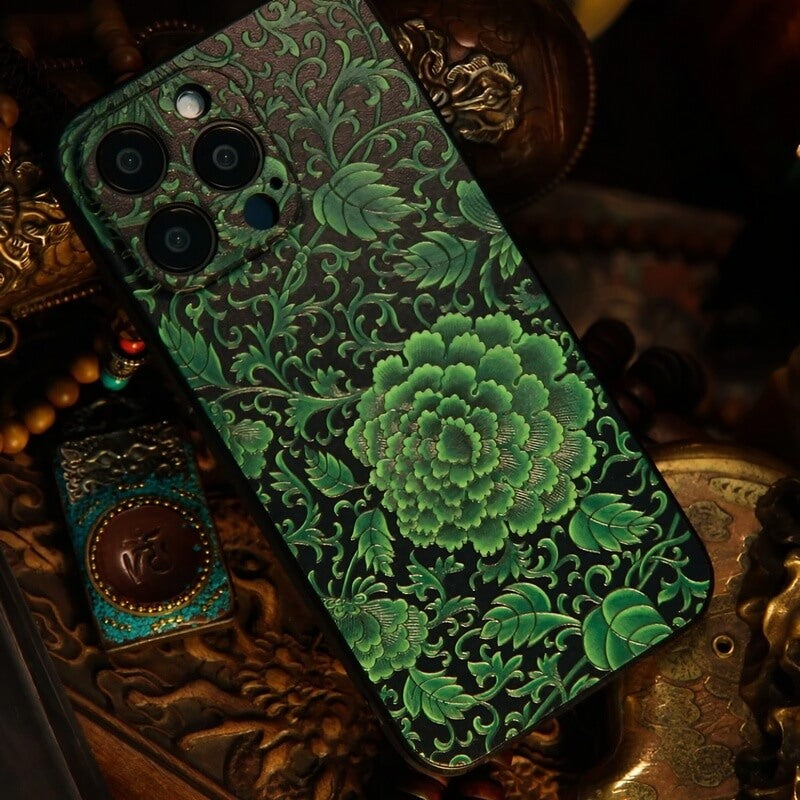iPhone 16 Pro Max Art Case - Textured Blue TPU with Song Brocade Peony Motif iPhone 16 Pro Max Art Case - Textured Blue TPU with Song Brocade Peony Motif