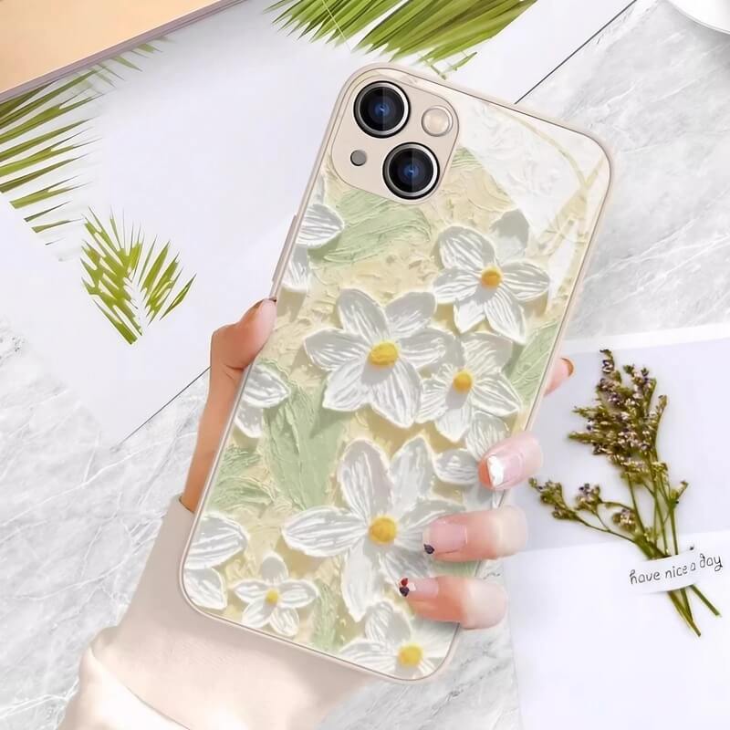 iPhone 16 Pro Max Case - 5.5″ White Liquid Glass with Floral Flower Pattern iPhone 16 Pro Max Case - 5.5″ White Liquid Glass with Floral Flower Pattern