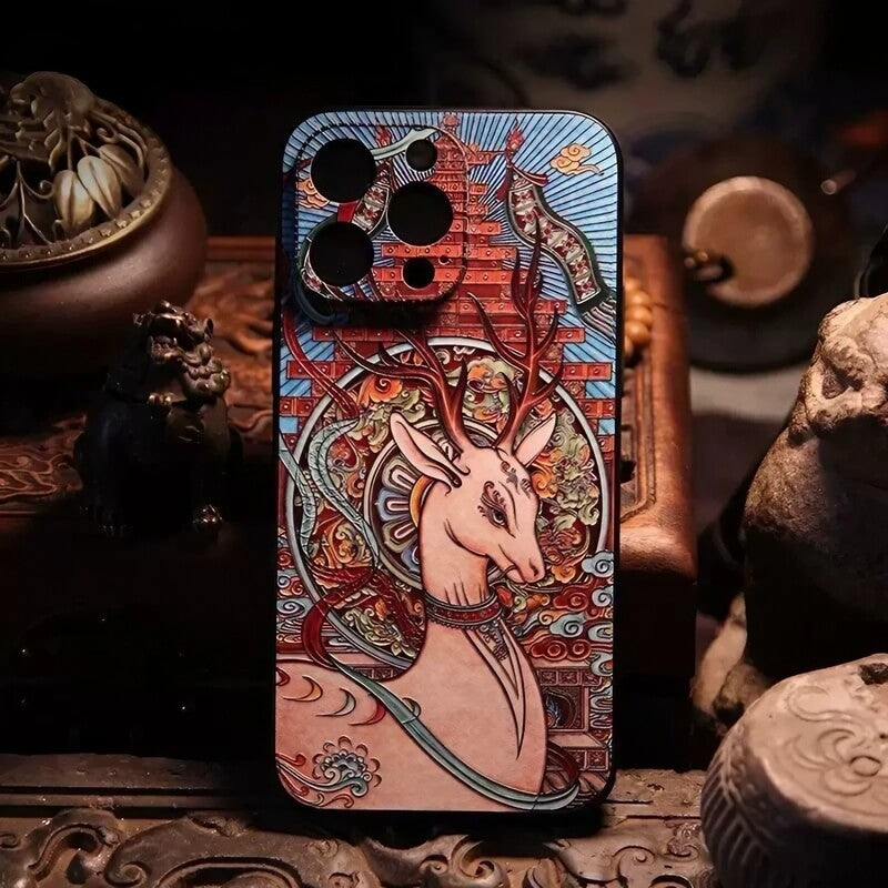 iPhone 16 Pro Max Case - 5.8″ Textured Art Fortune Deer TPU Cover