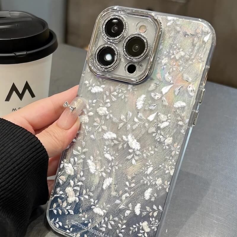 iPhone 16 Pro Max Case - Silver Transparent Floral Blooming Flowers Pattern Acrylic iPhone 16 Pro Max Case - Silver Transparent Floral Blooming Flowers Pattern Acrylic