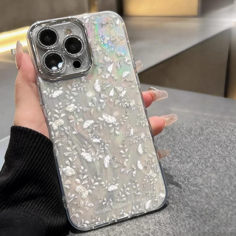 iPhone 16 Pro Max Case - Silver Transparent Floral Blooming Flowers Pattern Acrylic iPhone 16 Pro Max Case - Silver Transparent Floral Blooming Flowers Pattern Acrylic