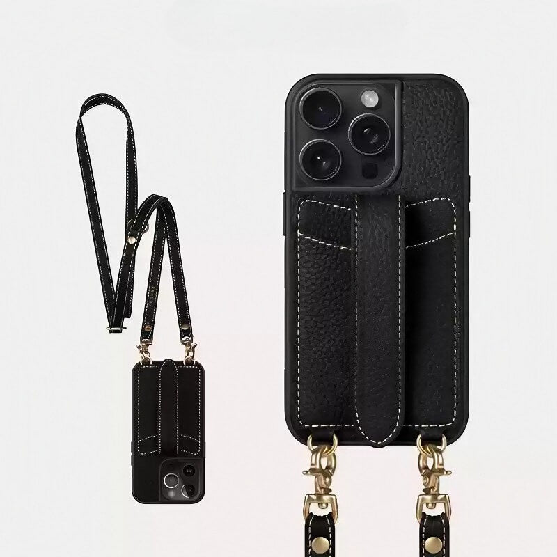 iPhone 16 Pro Max Leather Case - Black Real Leather Wallet with Phone Grip and Sling Bag iPhone 16 Pro Max Leather Case - Black Real Leather Wallet with Phone Grip and Sling Bag