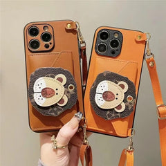 iPhone 16 Pro Max Leather Case - Wallet & Sling Bag - Orange - Lion Motif