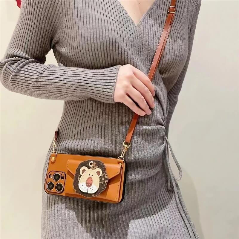 iPhone 16 Pro Max Leather Case - Wallet & Sling Bag - Orange - Lion Motif iPhone 16 Pro Max Leather Case - Wallet & Sling Bag - Orange - Lion Motif