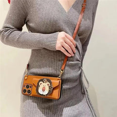 iPhone 16 Pro Max Leather Case - Wallet & Sling Bag - Orange - Lion Motif