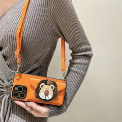 iPhone 16 Pro Max Leather Case - Wallet & Sling Bag - Orange - Lion Motif